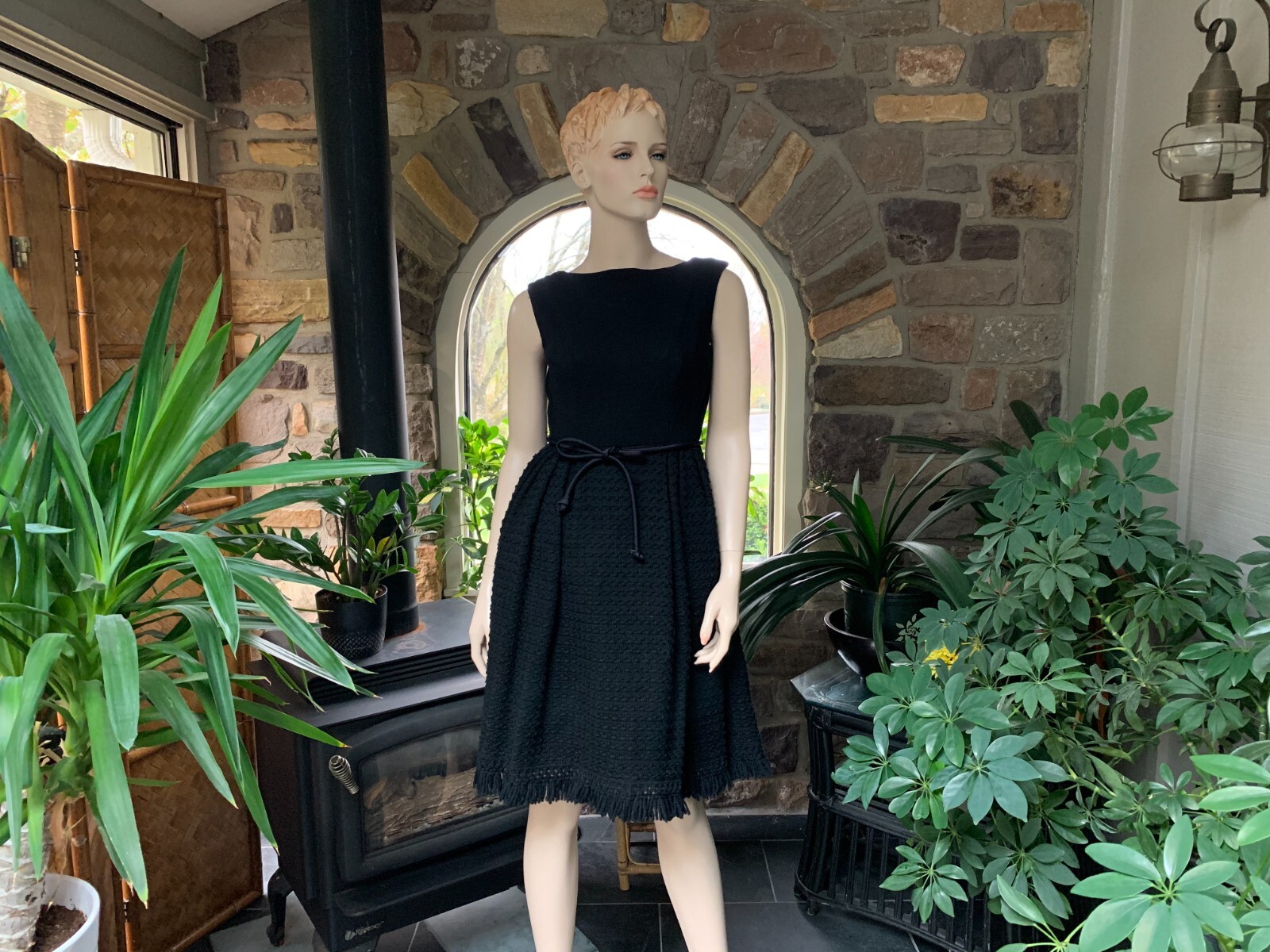 Vintage 1960s Black Sleeveless Wool Dress Full Tulle Lined Textured Fringe Skirt
