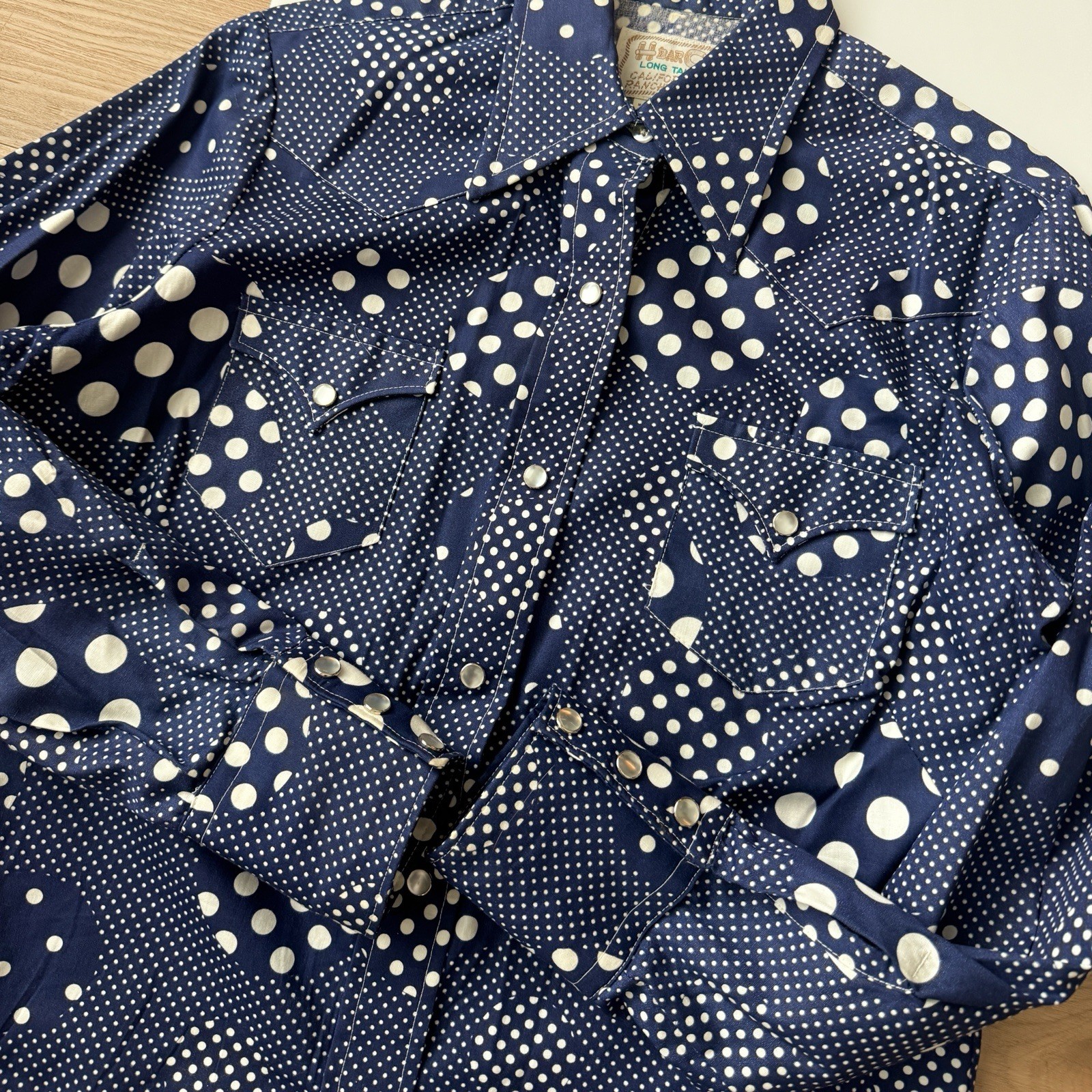 Vintage H Bar C California Ranchwear Navy Polka Dot Western Pearl Snap Small