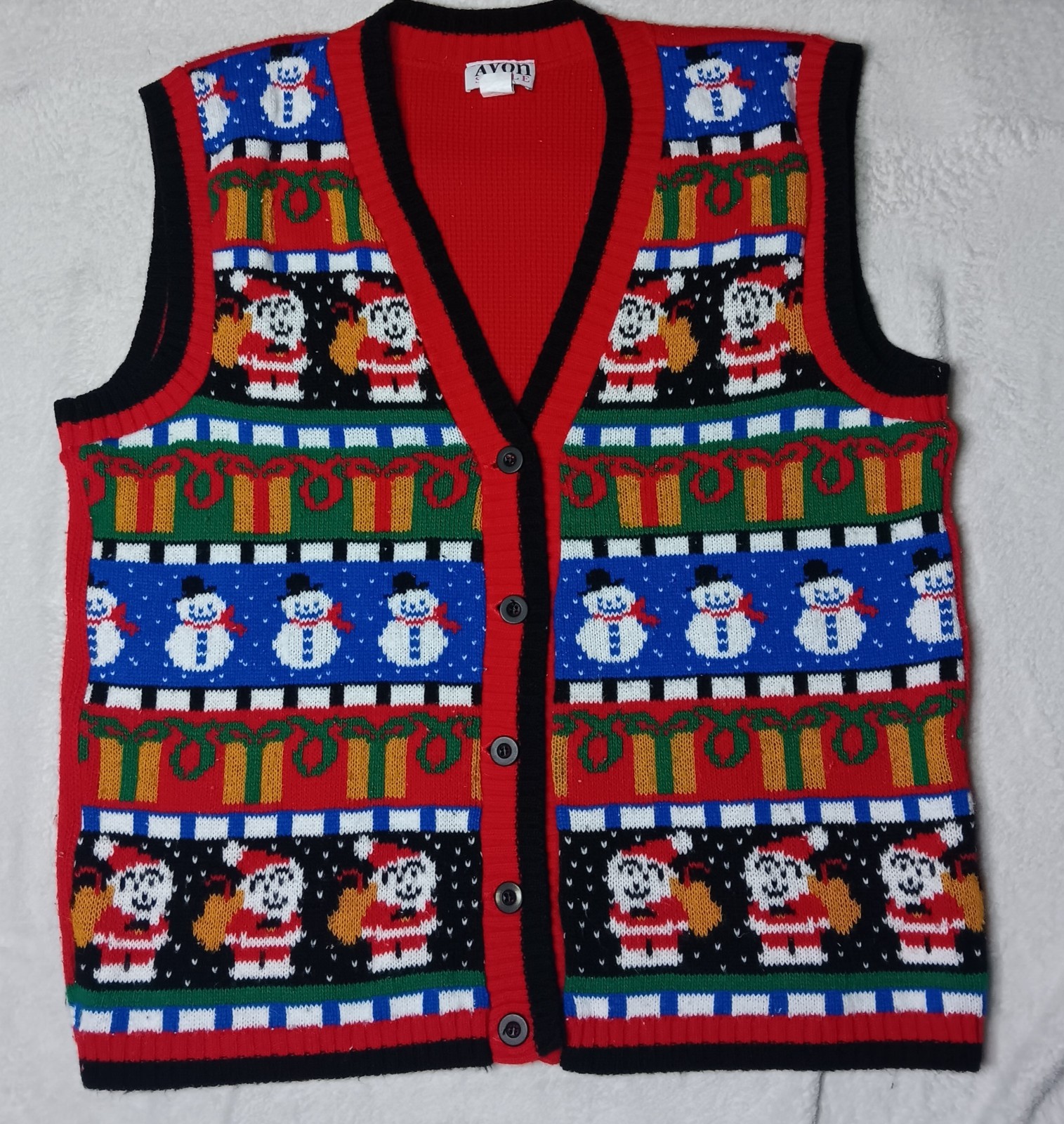 Vintage Avon Style Christmas Sweater Vest Snowmen Santas Gifts Oversize S/M