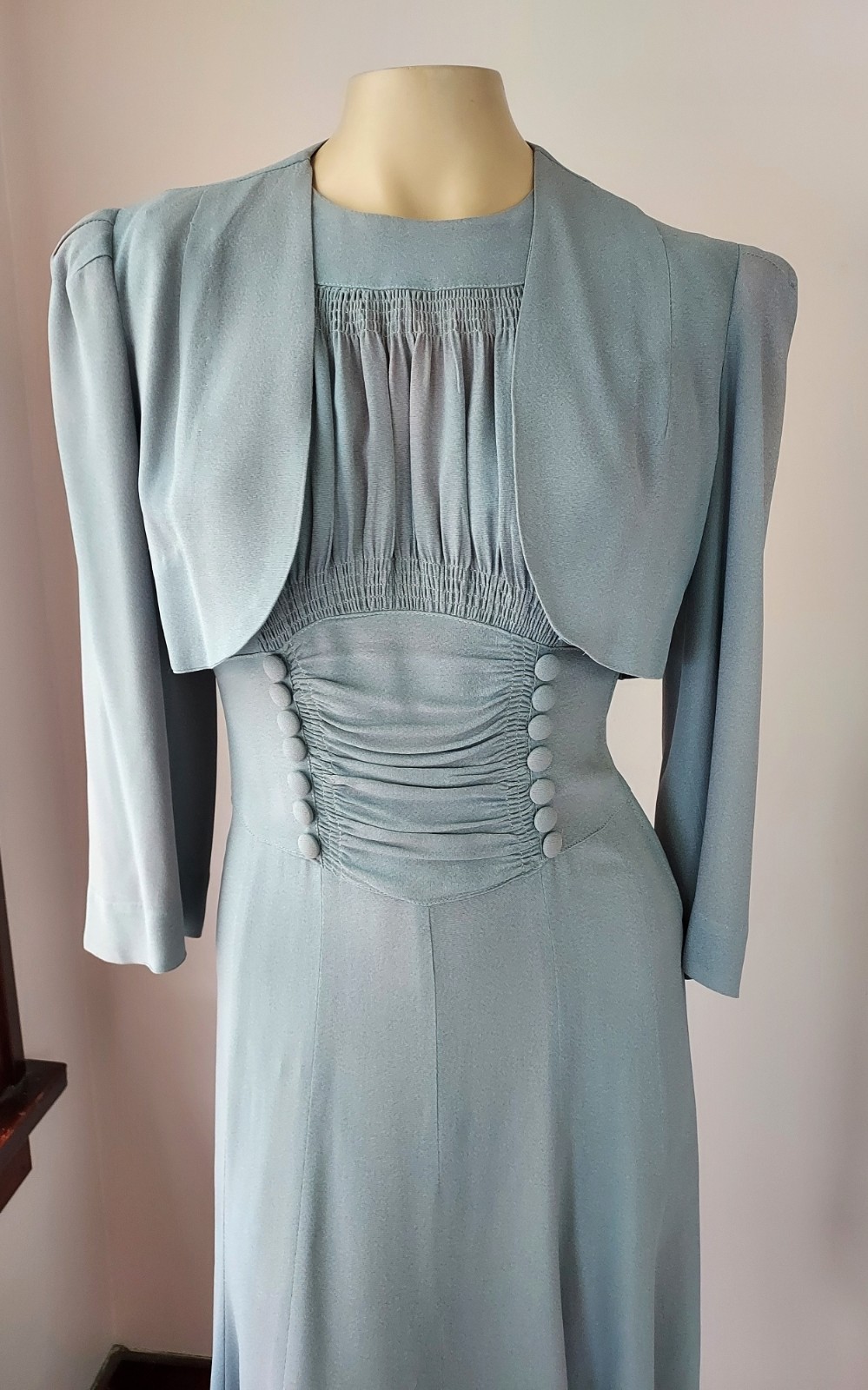 VTG Early 40s Classic True Vintage Dove Gray 2 pc Rayon Dress and Bolero Set. Sm