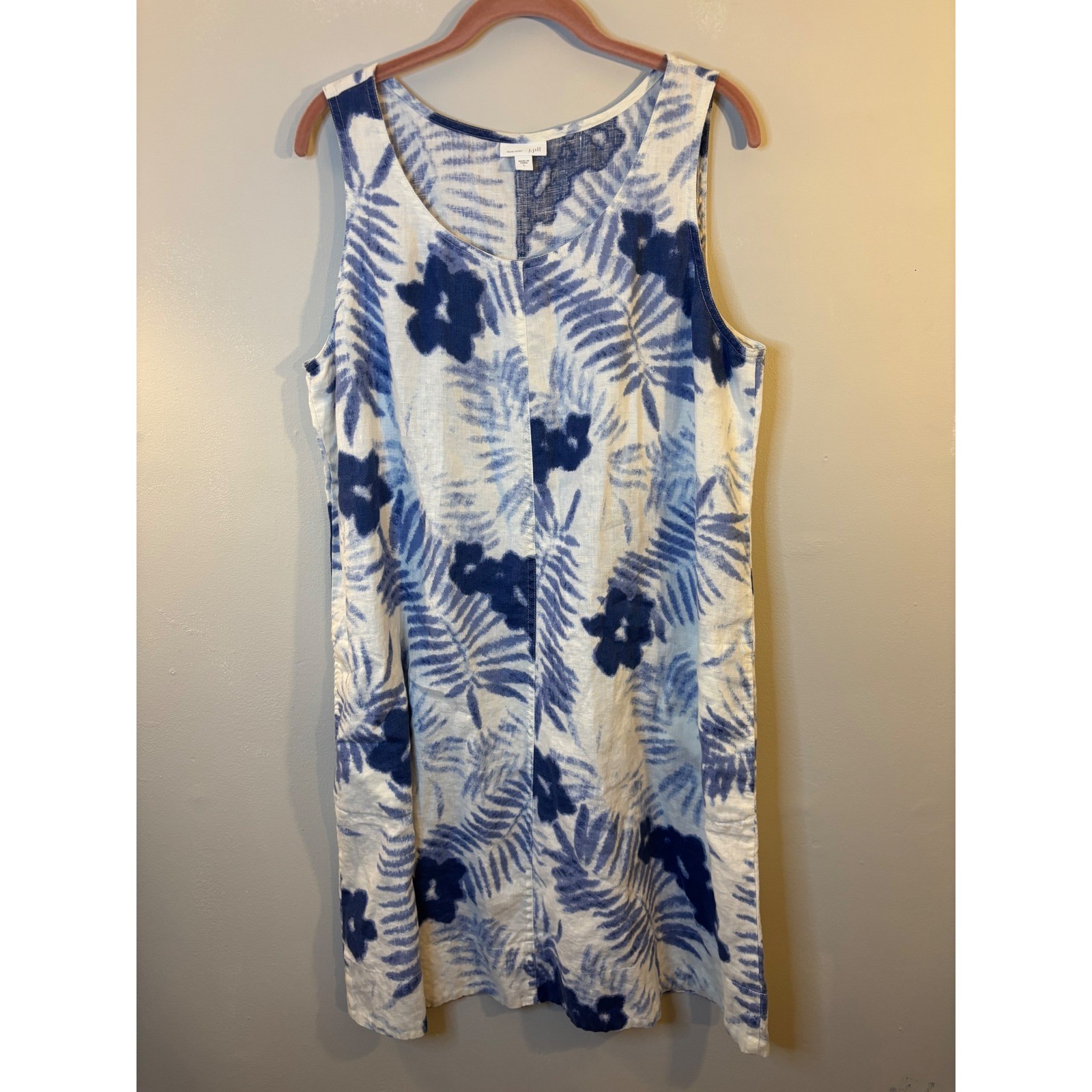 J Jill Love Linen Blue Floral & Palm Linen Shift Dress L