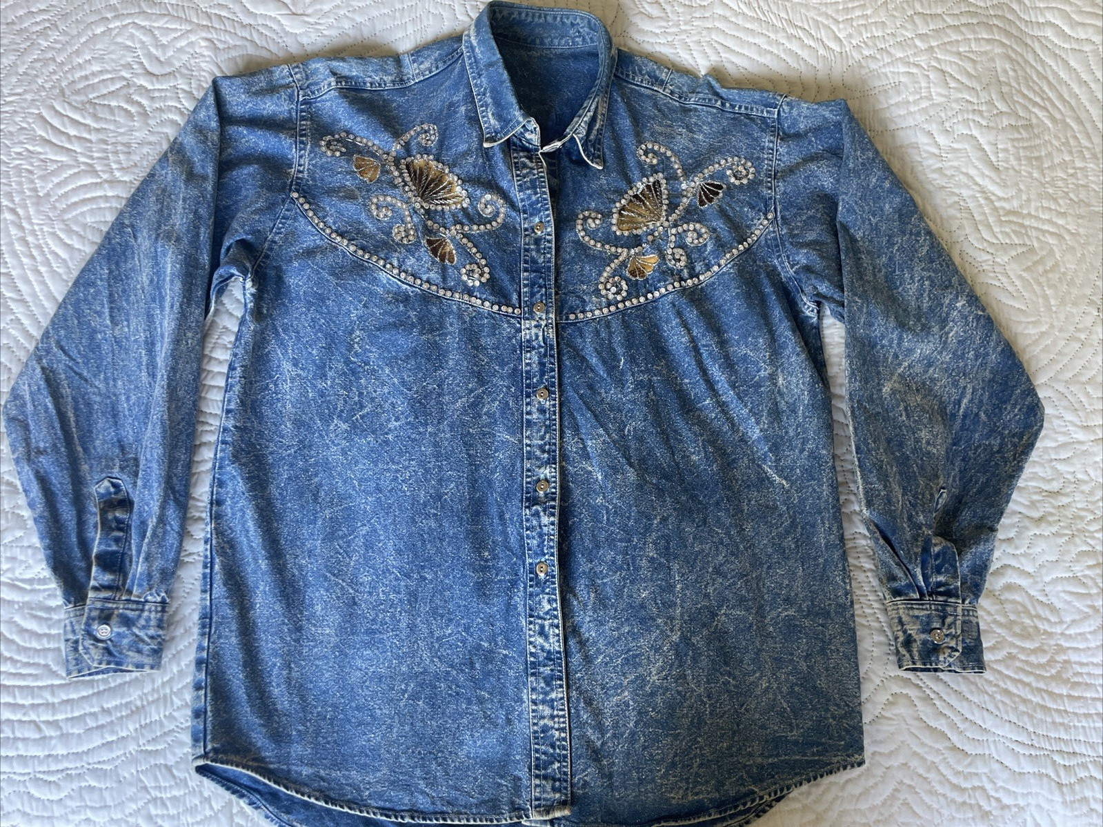 90s Vintage Christopher Ari Size XL Oversized Blue Stonewash Denim Shirt Sequin