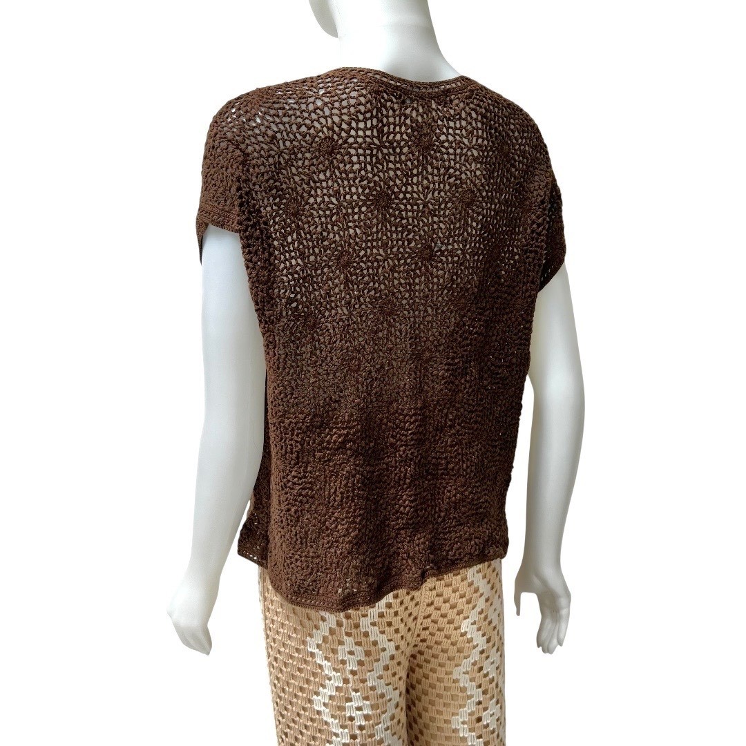 Y2K Jones NY Open Crochet Top Brown XL Mercerized Cotton Boho GrandmacoreVTG