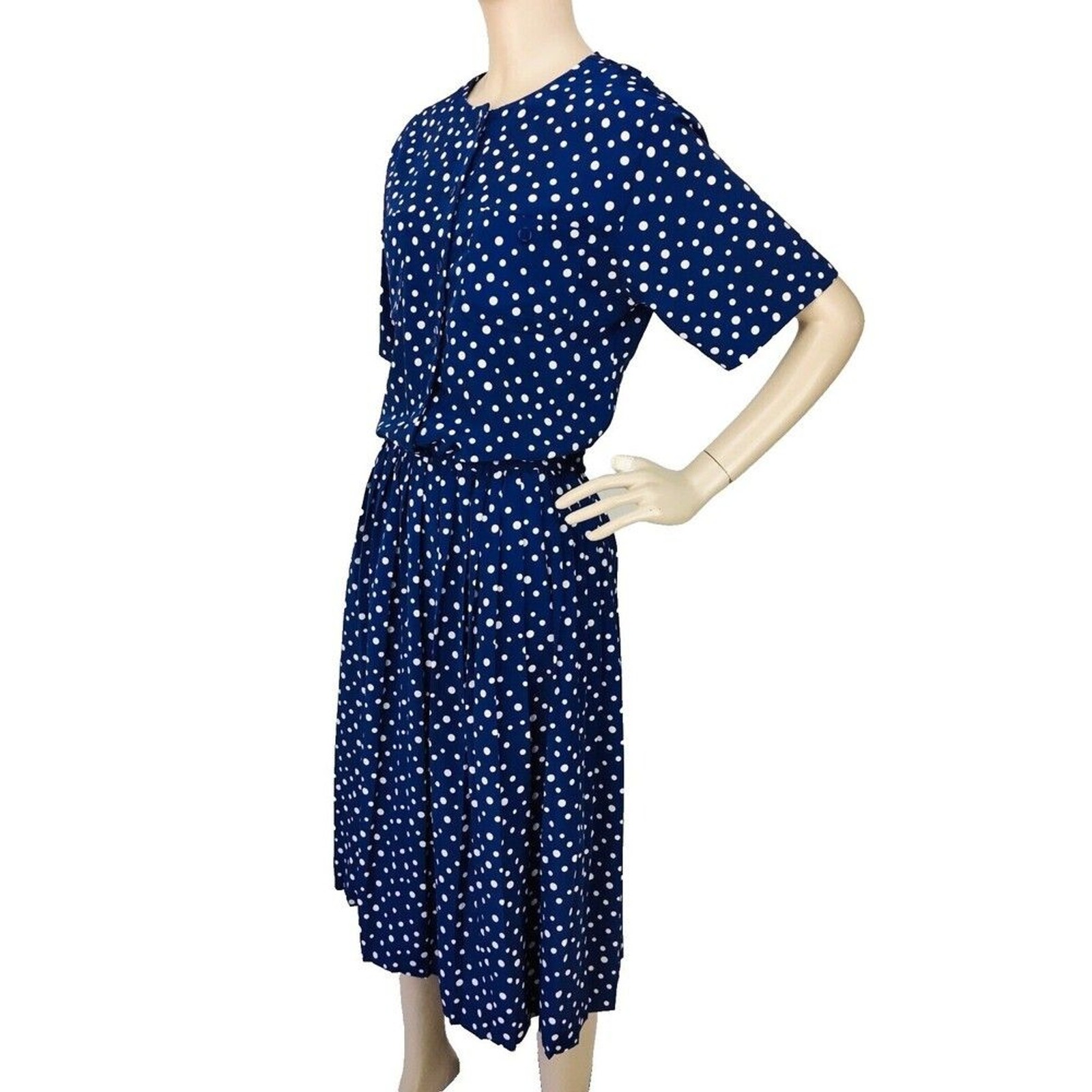 Vintage 80s Liz Roberts Navy Blue White Polka Dot Midi Button Front Shirt Dress