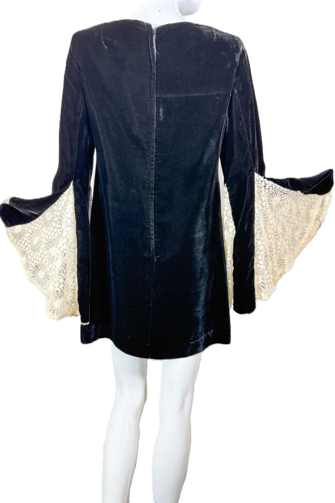 Vintage 60s Black Velvet Mini Dress Lace Angel Sleeve S