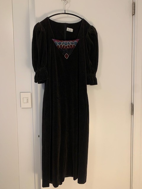 Vintage 1980s Black Lucie Ann Black Velour Nightgown with Multicolor Beading