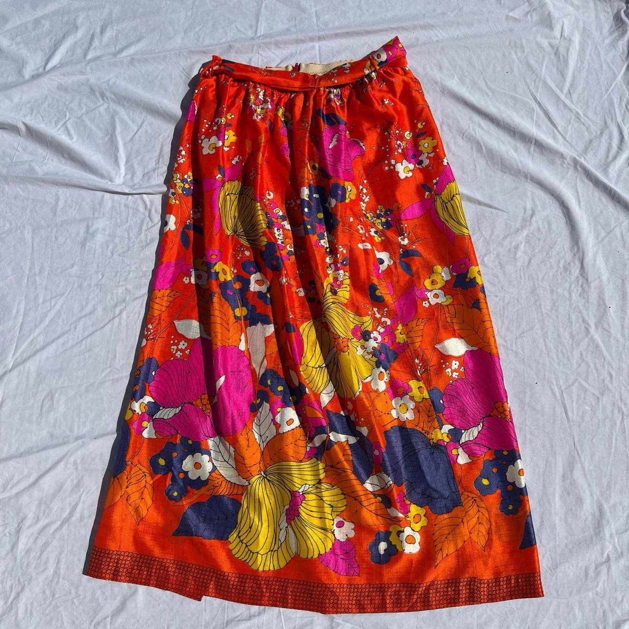 Phil Jacobs Psychedelic Floral Skirt Orange Pink 100% Acetate Size 8 Party