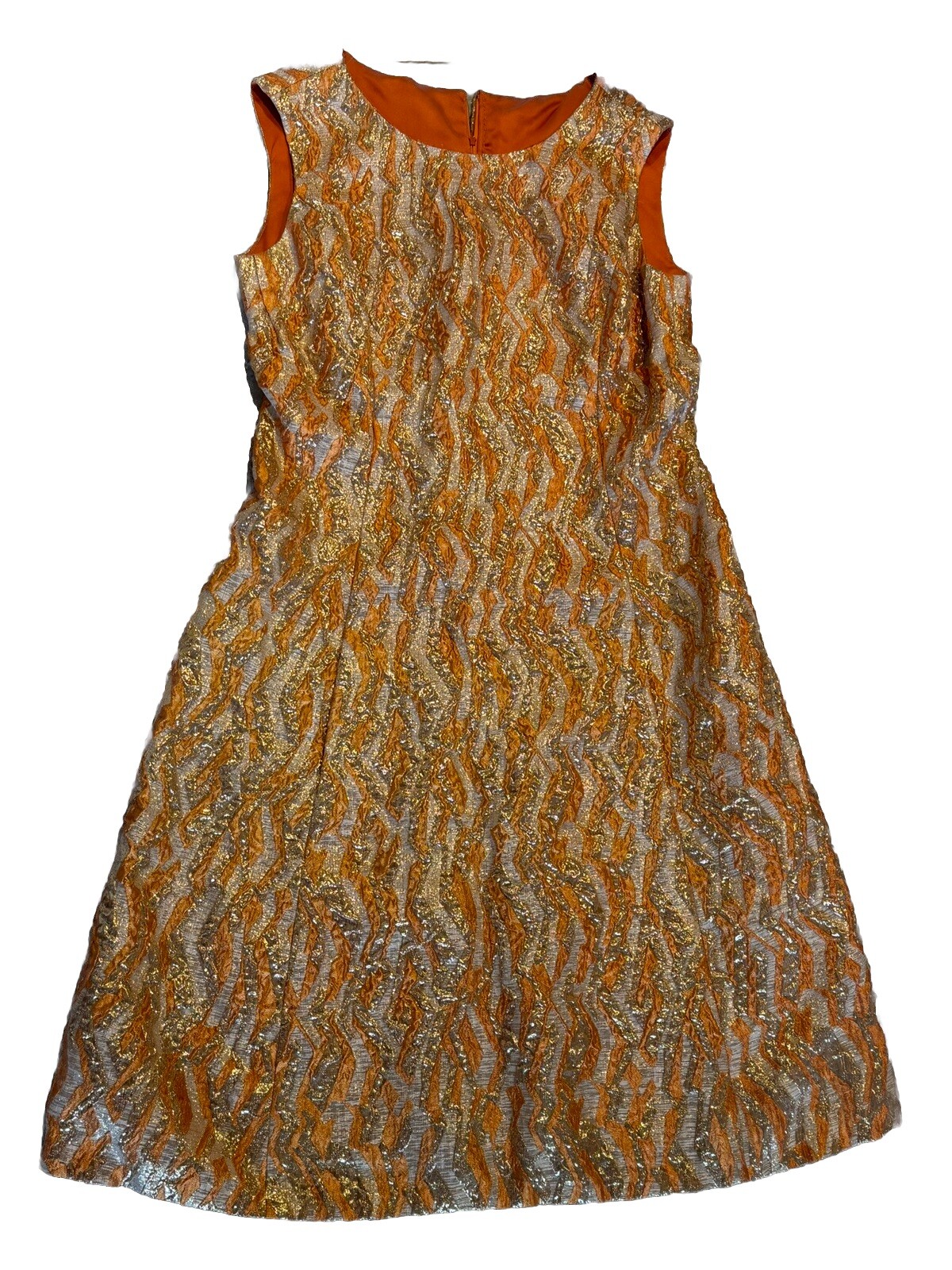 Vintage Dress Brocade Orange & Gold Metallic Knee Length Sleeveless Mod Style M