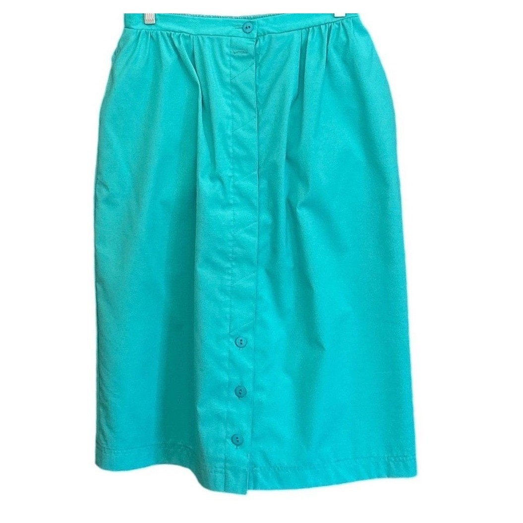 Vintage Tan Jay Teal Button Front Midi Skirt Retro Modest 80s 90s Made in USA 12