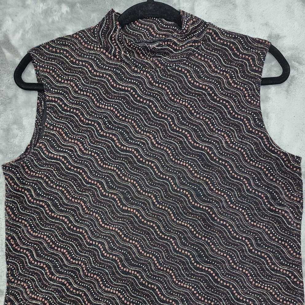 Vintage Impressions Top Womens L Black Glitter Studded Sequin Mock Neck Stretch