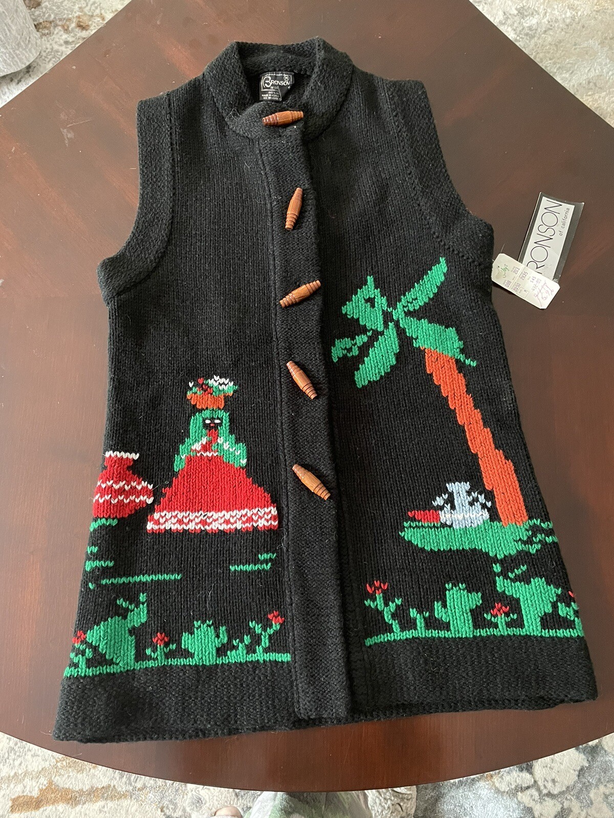 VTG 70s~80s Rare Knit Hippie Intarsia Novelty Toggle Button Sweater Vest NOSWT