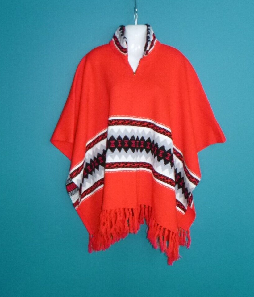 Vtg 60s Acrylic Knit Fringed Poncho Serape Red Gray Black Geometric