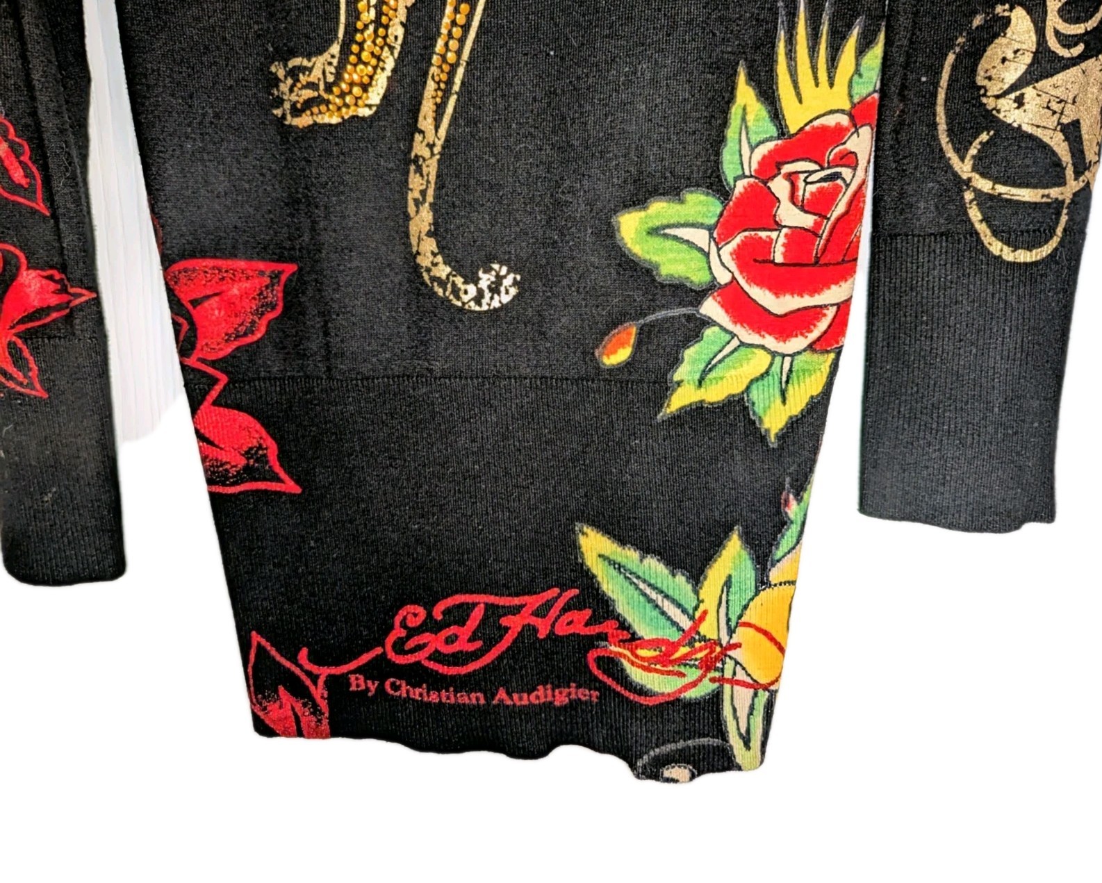 Vtg Ed Hardy Christian Audigier Bodycon Blingy Sweater Dress Y2K Panther Med A+!