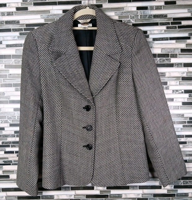 Wool Blazer Women’s 8 Gray Black Tweed Striped Italian Career Jacket Old Money