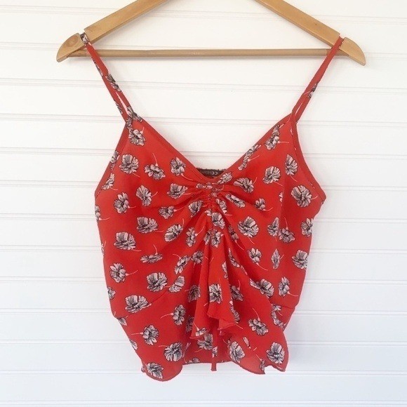 Papermoon Floral Ruched Peplum Camisole Top Size Large Red Boho V-Neck