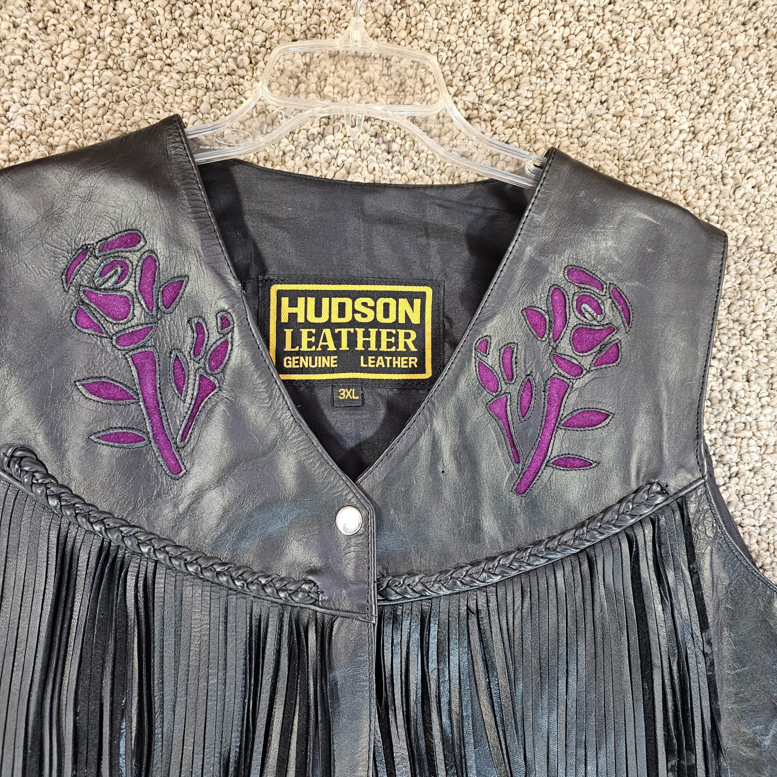 Vintage Hudson Leather Vest Womens Actual XL Snap Button Roses + Fringe Harley