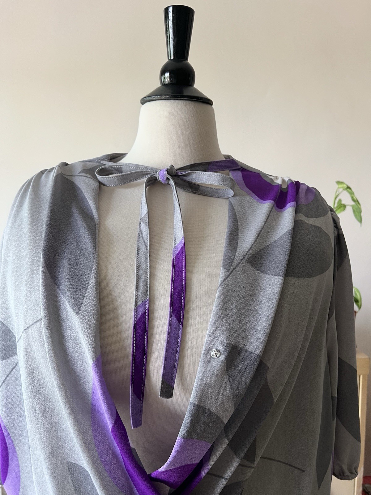 VTG 60s Grey & Purple Bullseye Secretary Dress W/ Neck Tie Detail – XL/2XL