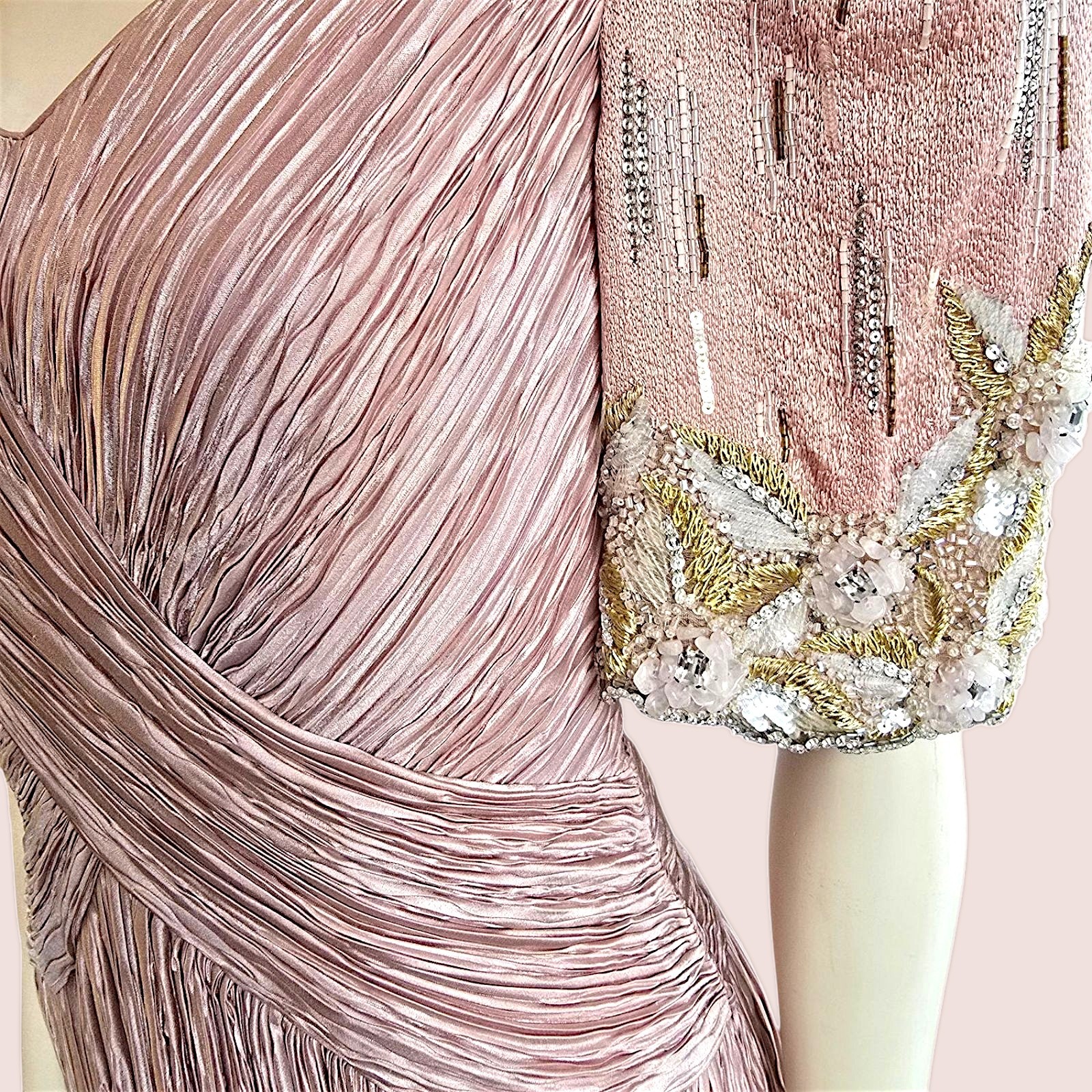 Vintage Mary McFadden Couture Fortuny Style Pleated Gown Blush Nude Pink Small