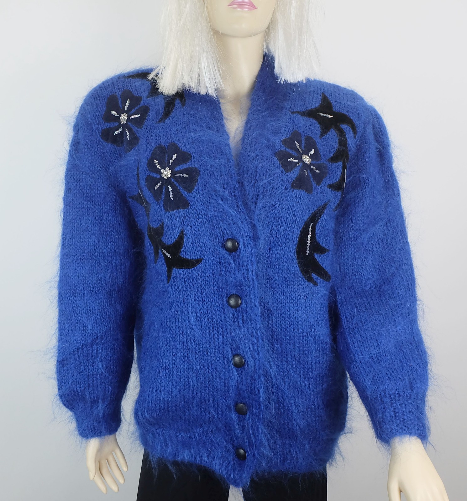 Cardigan cardigan 1980s vintage 100% mohair appliqués beads size M