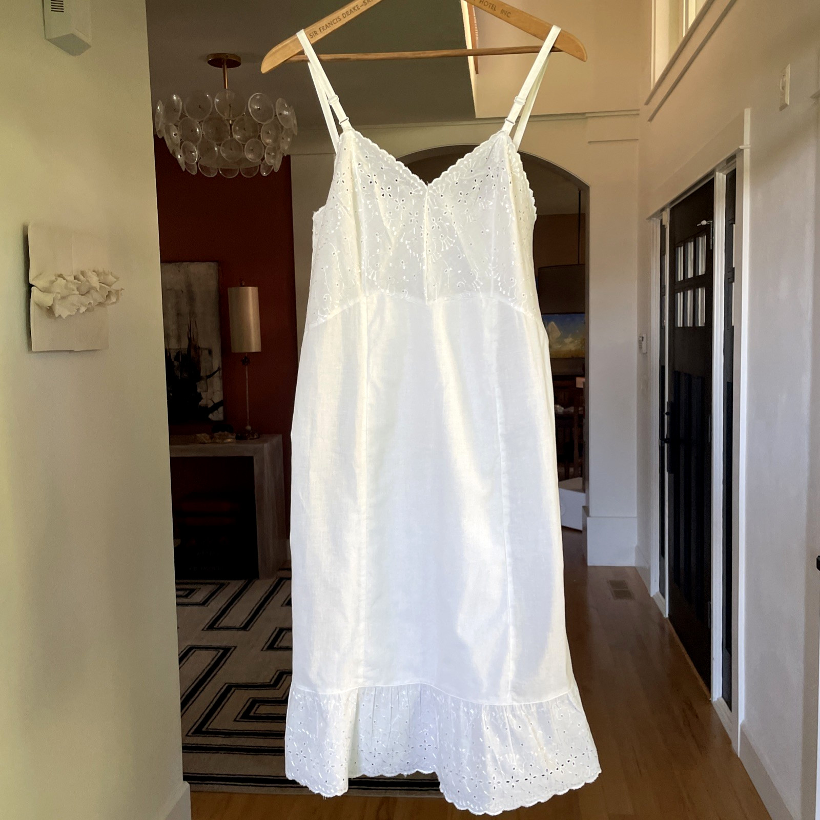 VTG Cotton Eyelet Slip Dress 38 White Midi Ruffle Full Petticoat Cottagecore