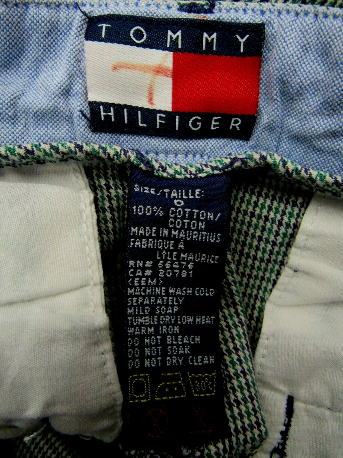 VTG TOMMY HILFIGER Cotton Pants Houndstooth Teal Blue Navy 26 1/2 x 30 1/2 6 EUC