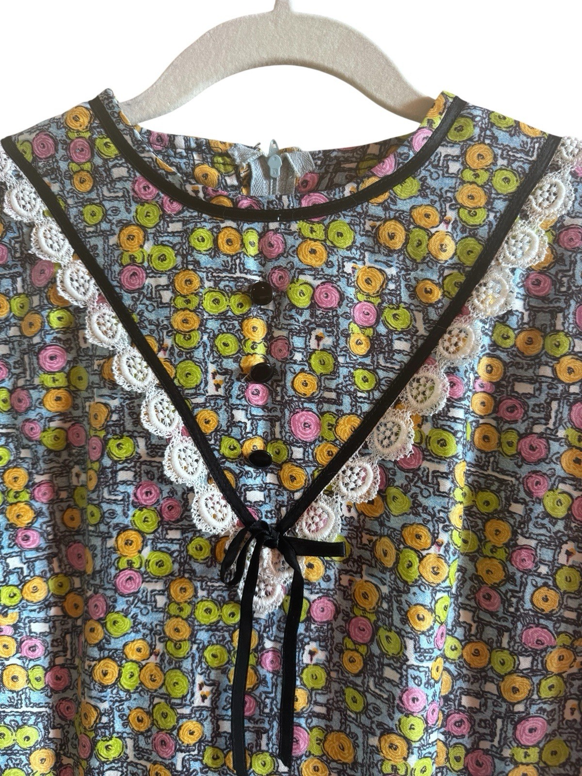 Vintage 1970s Homemade Prairie Long Dress Multi Colored Design Black Ribbon Lace