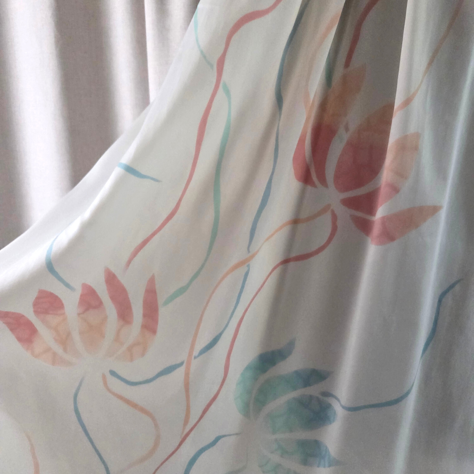 Vintage Mary McFadden S Dress Pastel Floral Lotus Pink Blue on Cream Bow Strap