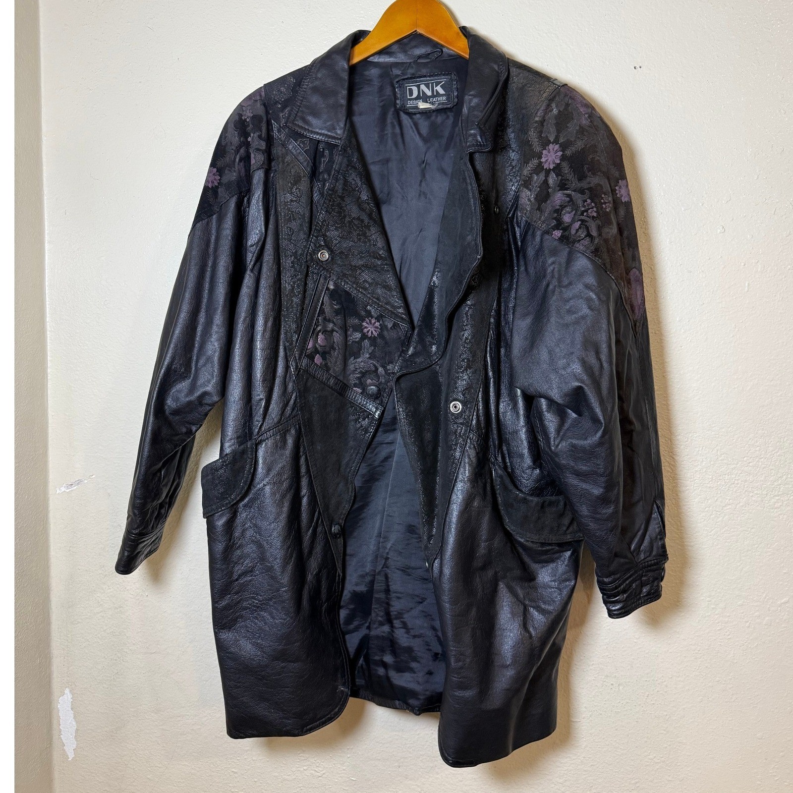 Vintage DNK Design Leather Women Jacket S Black Floral Lace Retro 80s Goth