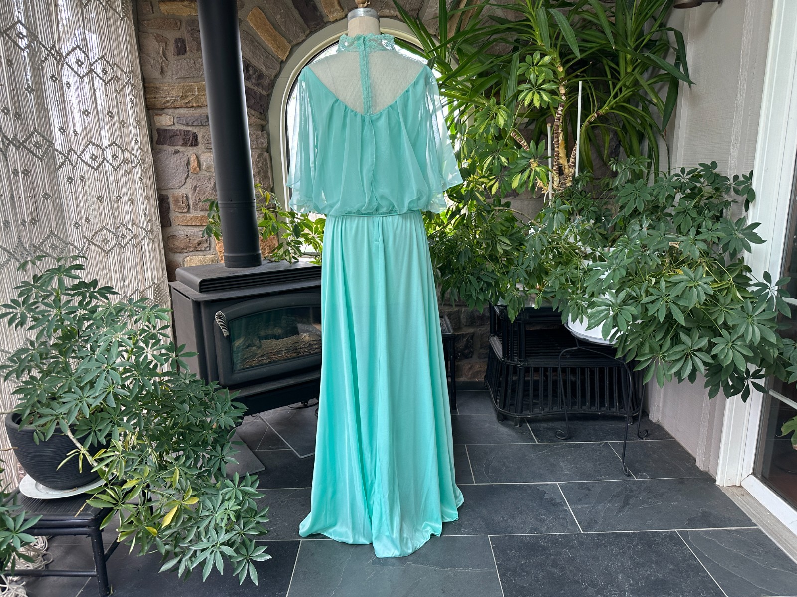 Vintage 1970s Light Green Knit and Chiffon Lace Maxi Dress