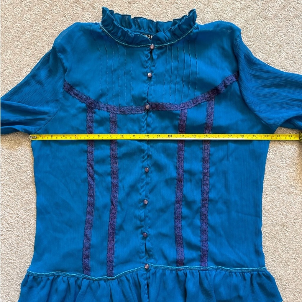 Vintage Teal Blue Sheer Ruffle Blouse Victorian Cottagecore Fairycore Whimsical