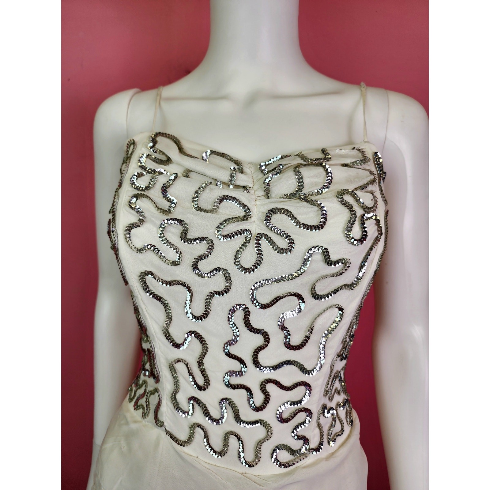 Vintage Late 1940’s White and Silver Sequin Bodice Chiffon Gown with Bow Back