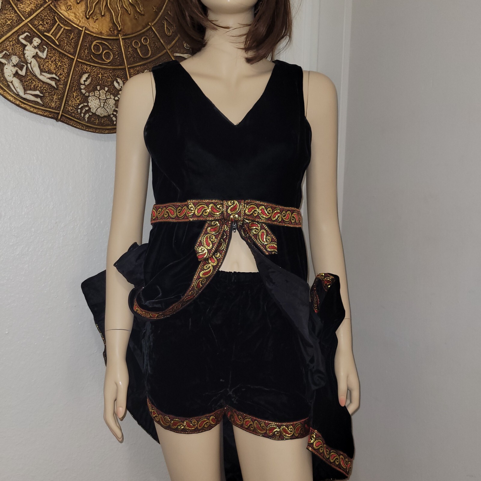 Mod Vintage Black Velvet Hostess Dress With Shorts Red & Gold Paisley Trim 1960s
