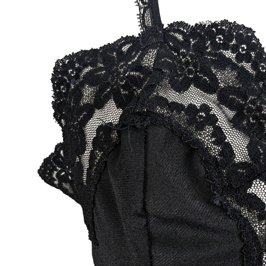 Vintage 70s Glydons Hollywood Nylon Black Floral Lace Keyhole Slip Cami Medium