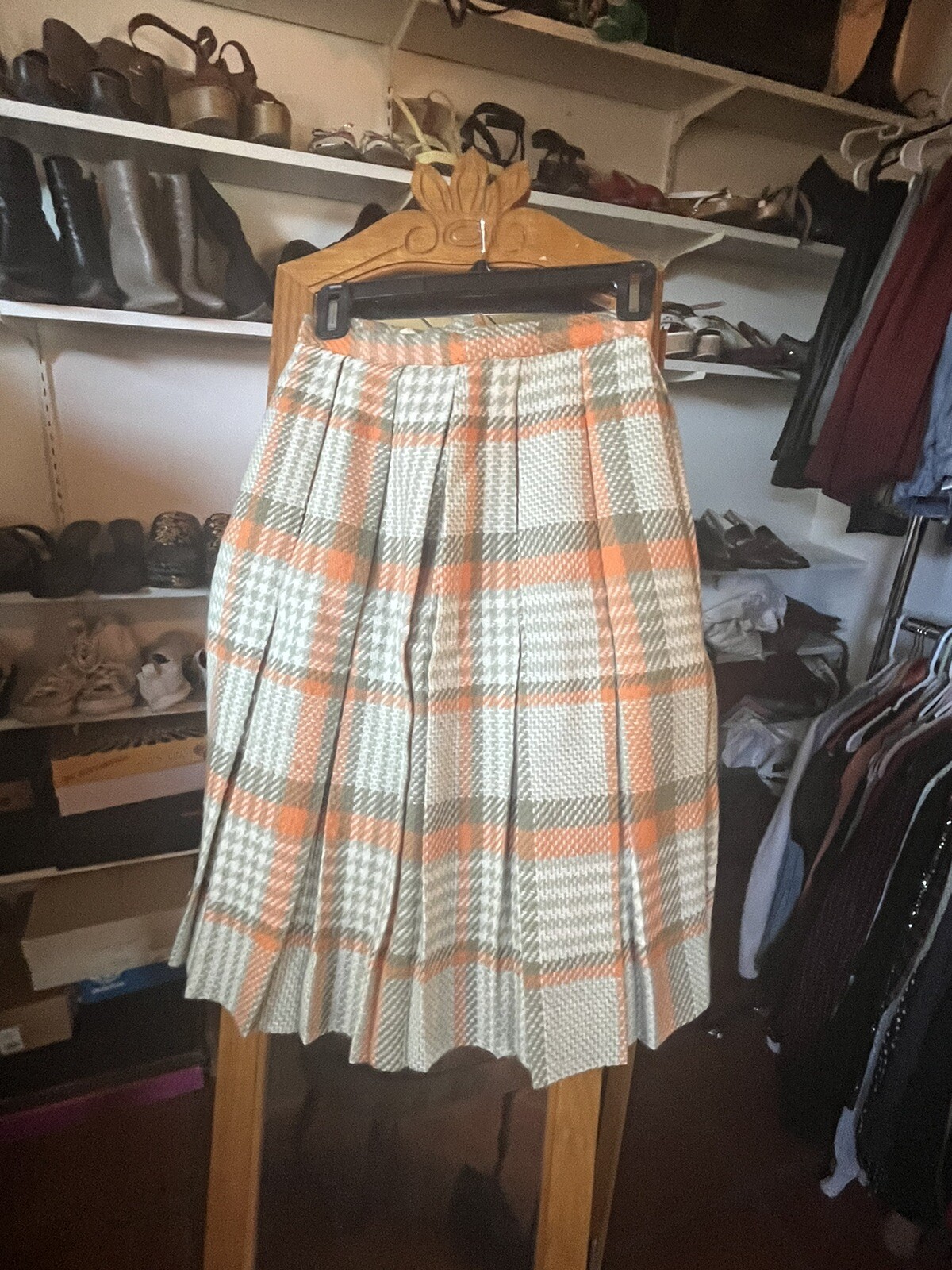 Vtg 1950s 60s Olive & Blue Wool Plaid Pleated Skirt S Just Below Knee Length EUC
