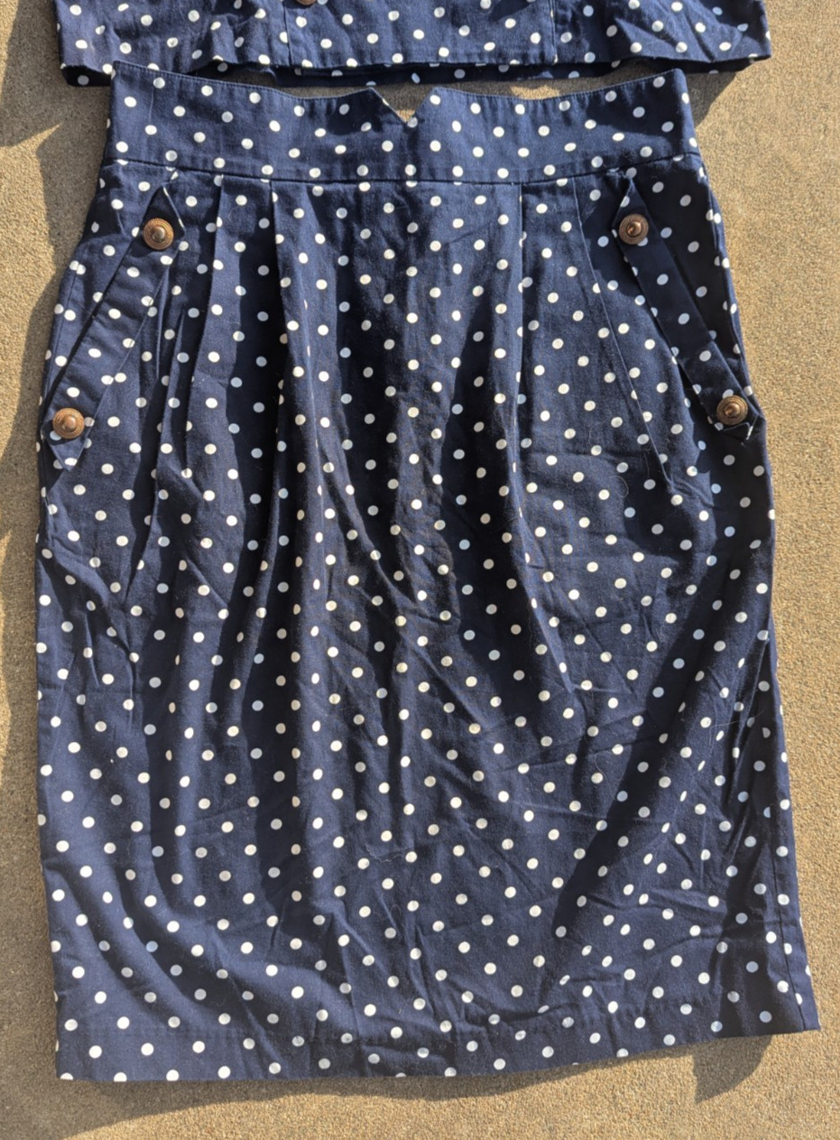 CHOON California Vtg 80s Polka Dot suit skirt short jacket Navy White sz16 EUC