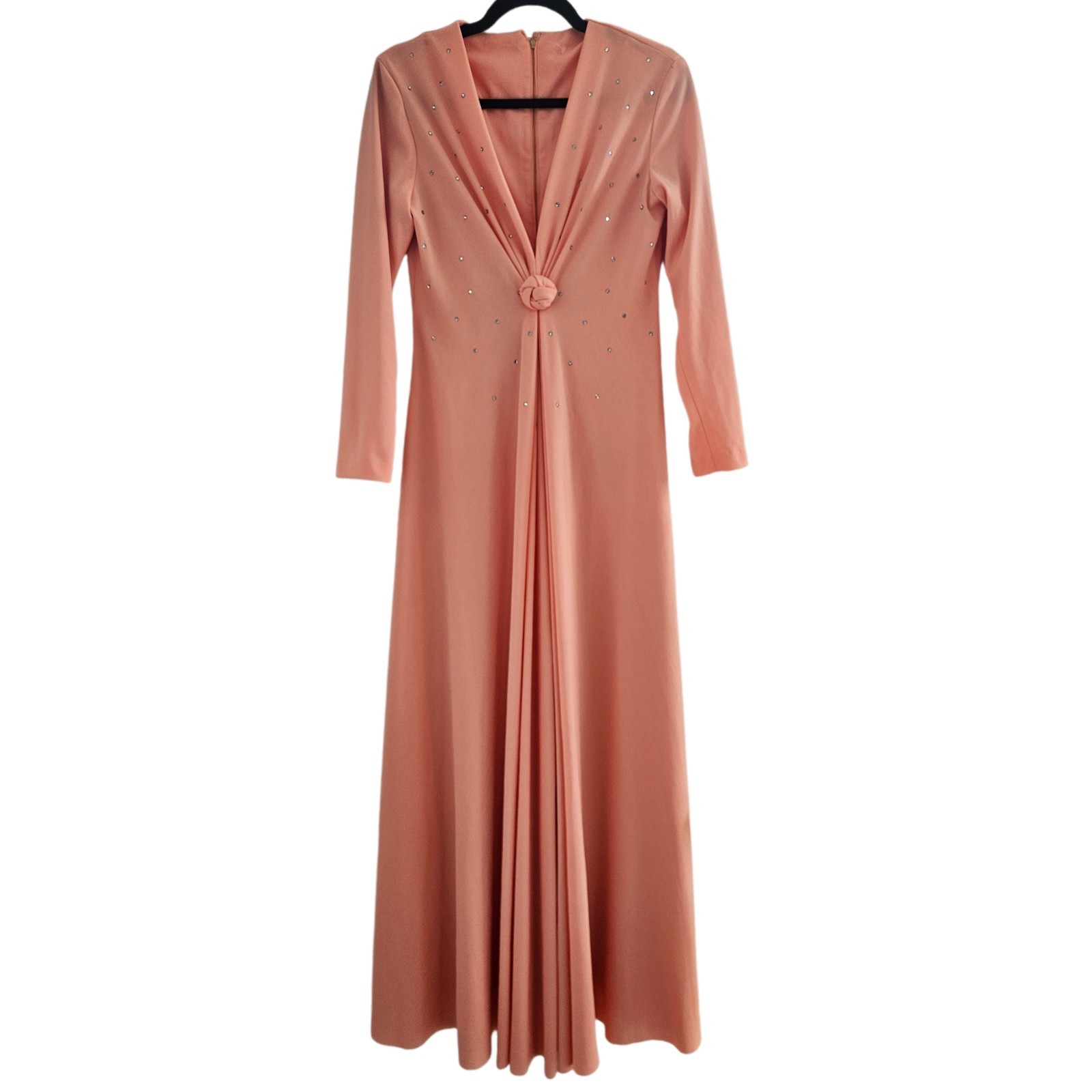 VTG 70s Peach Long Sleeve Rhinestone Gown with Knot Detailing Size M/L