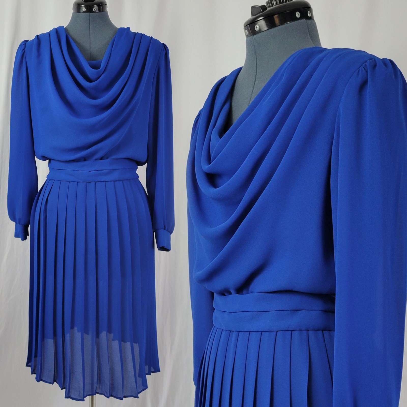Vtg Lisa Michaels Blue Blouson Dress w Draped Neckline & Matching Belt Size 8
