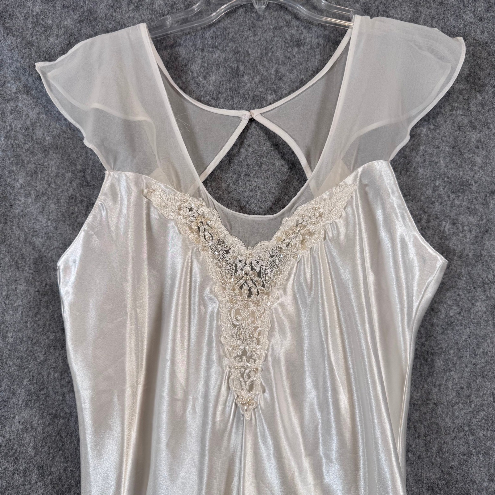 Vtg Bridal Maxi Nightgown Womens L Lingerie Satin Lace Ivory Coquette Romantic