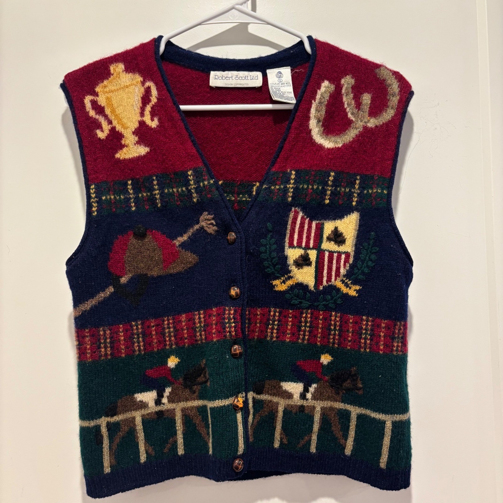 Robert Scott Ltd Vintage Wool Equestrian Horse Race Sweater Vest Navy Red Small
