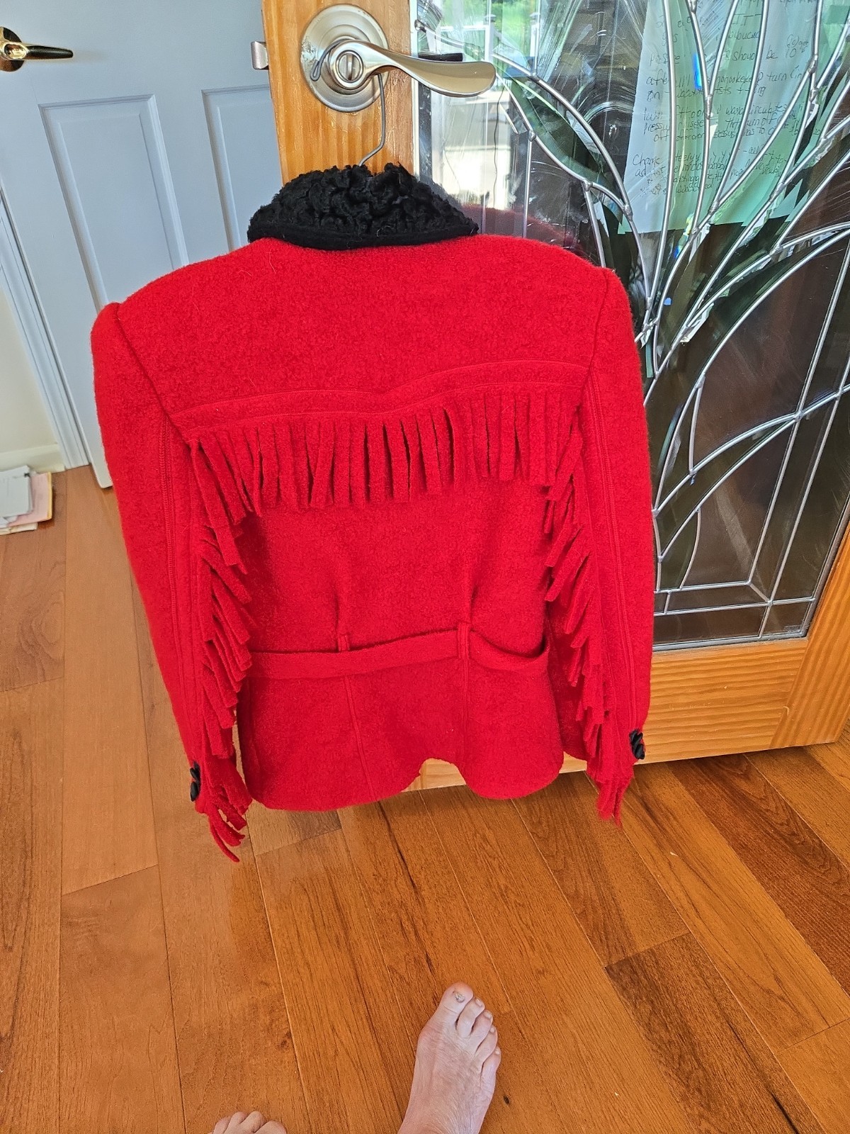 VINTAGE WAYNE ROGERS RED WOOL COAT SIZE SMALL, BUTTON EMBELLISHMENTS AND FRINGED