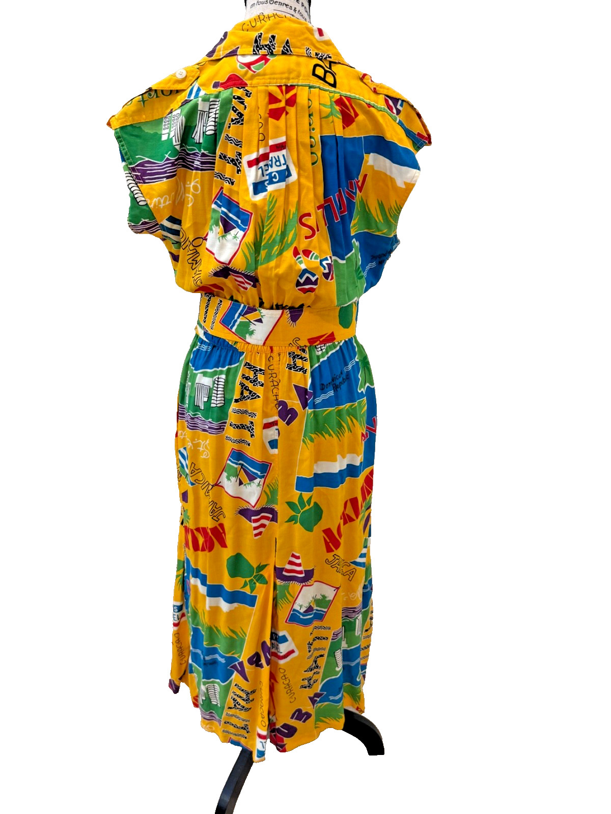 Vintage 1980s Karen Alexander Caribbean Print Belted Midi Dress Tropical Size 10