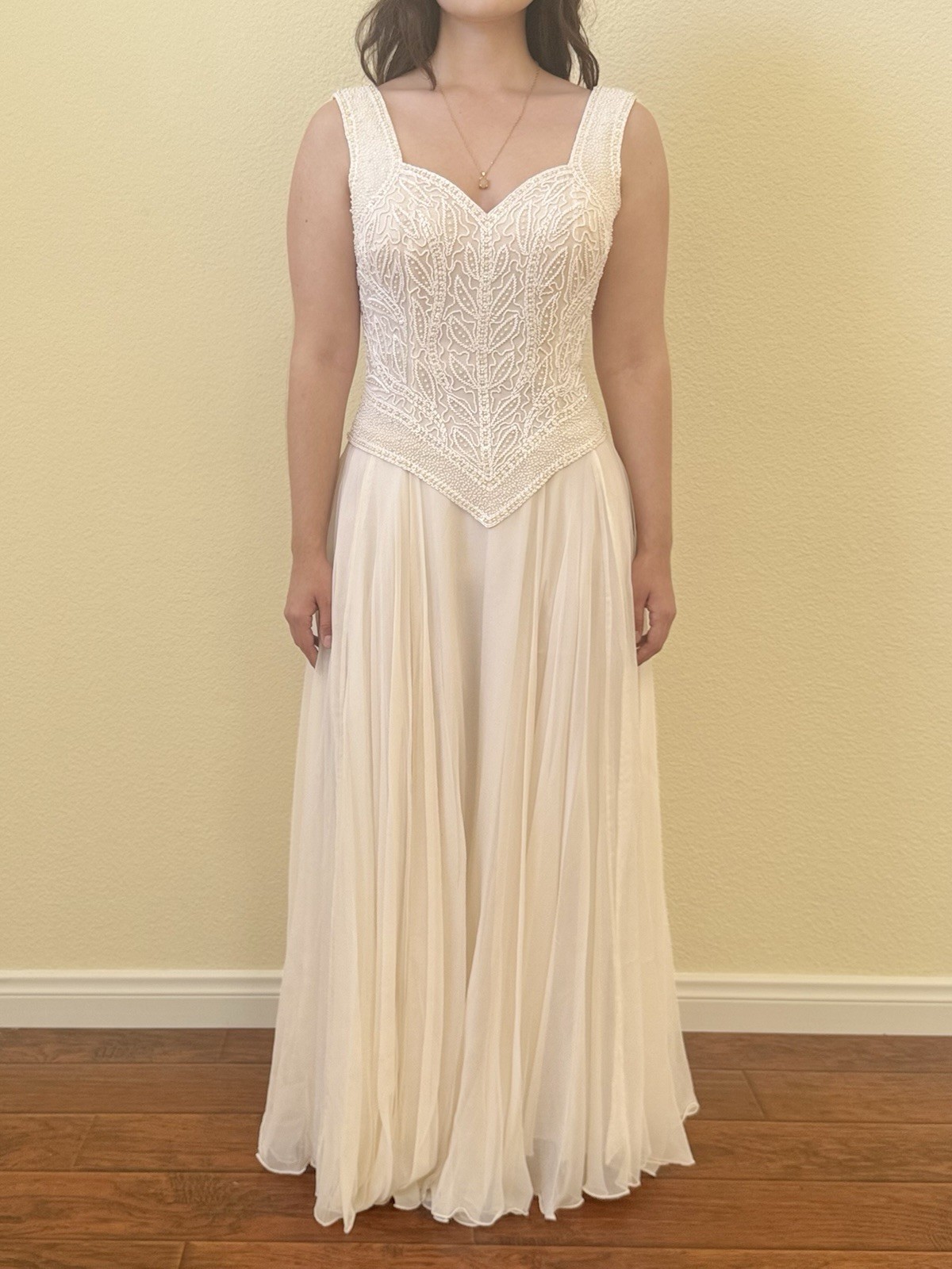 Vintage 100% Silk Cream Maxi Wedding Dress Bridal Wearable Art 80s Pearls Beaded