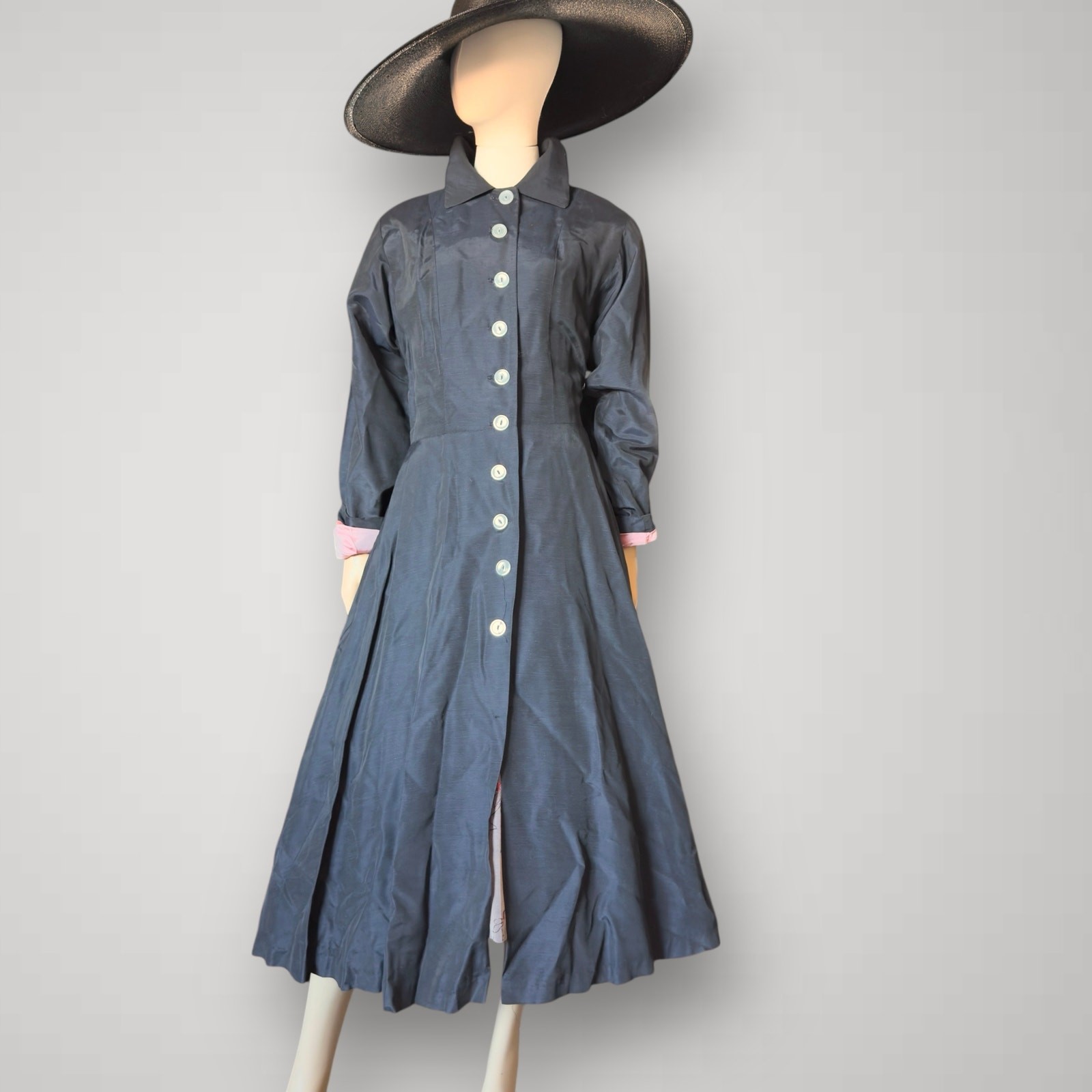 Vintage 1940s New Look Black Silk Duster Princess Coat Button Front Jacket Small