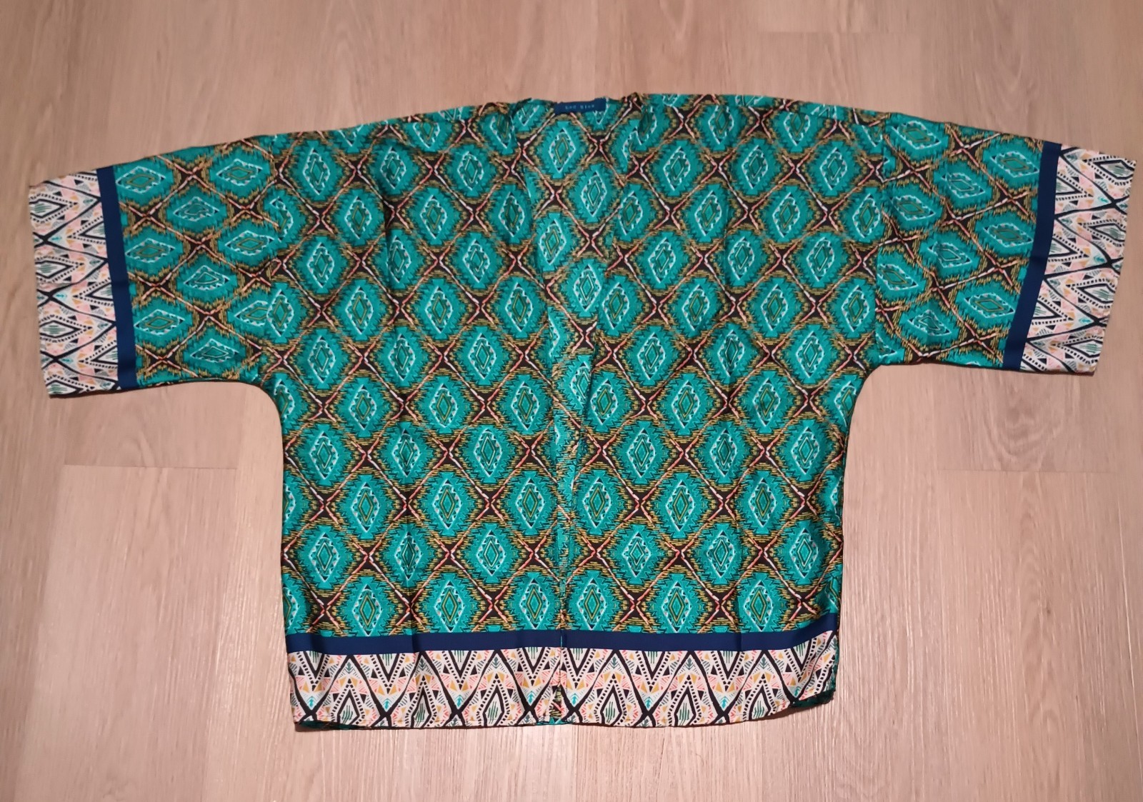 Vtg LAC BLEU Teal Geometric Southwest India Kimono Open Jacket Robe lounge L