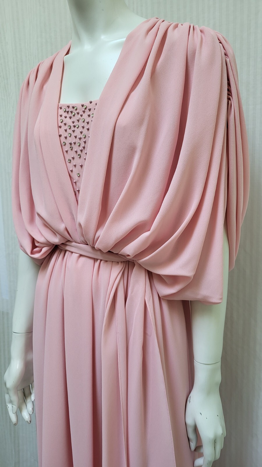 Vintage KAY KIPPS Pink Crepe Chiffon Draped Goddess Gown Dress – Size S – EUC