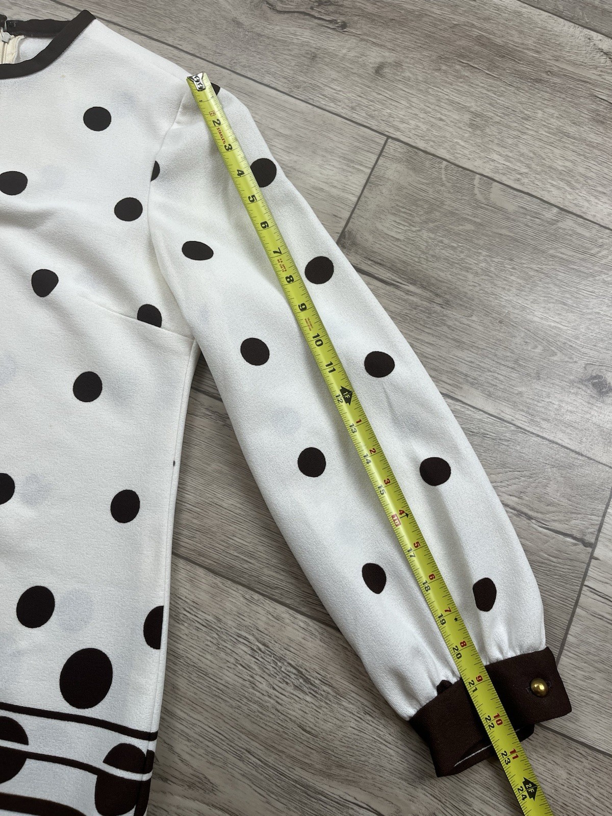 VTG 1960s Mod L’AIGLON Dress Belted Polka Dot Striped Brown White MCM Long Slv
