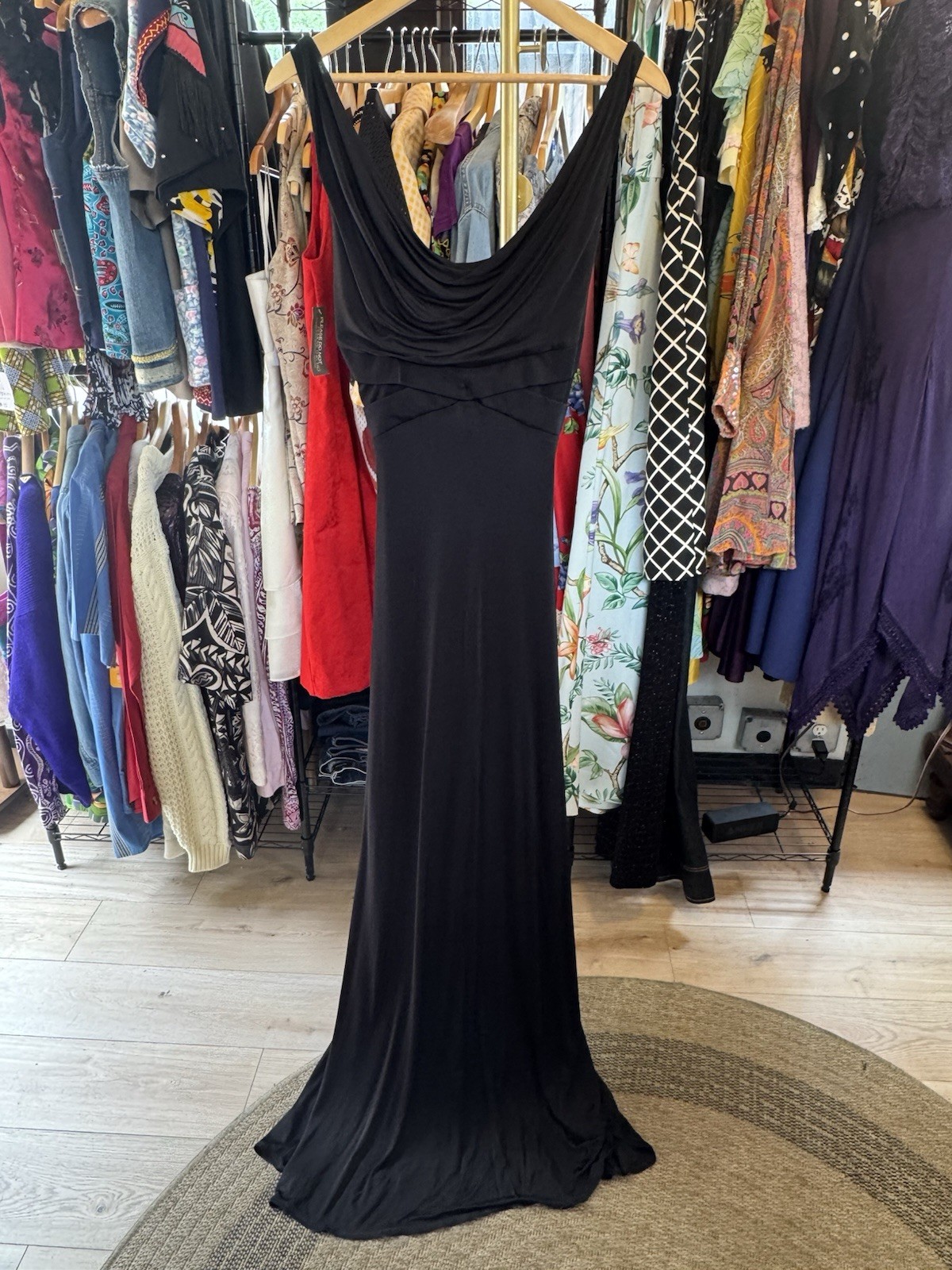 Vintage NWT David Meister Black Cowl Neck Maxi Dress Evening Gown Sleeveless