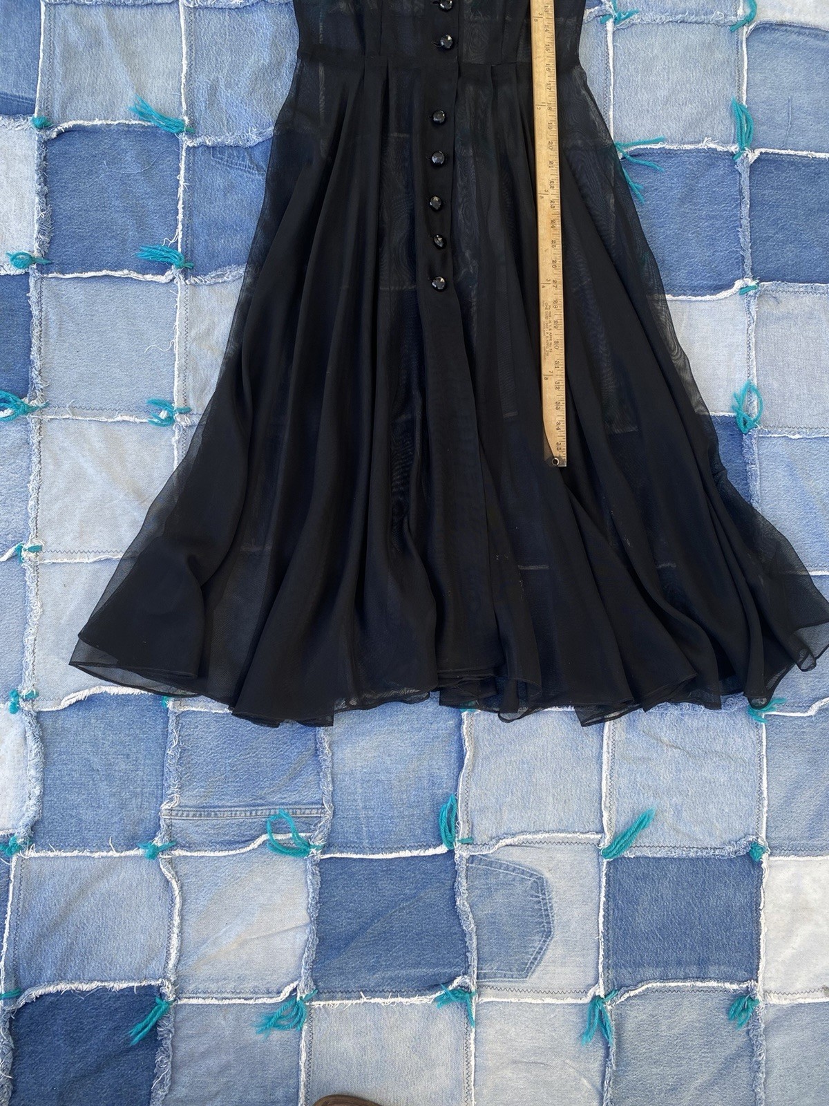 30s/40s Sheer Black Evening Dress 28W Capelet Sleeves Full Button Front Vintage