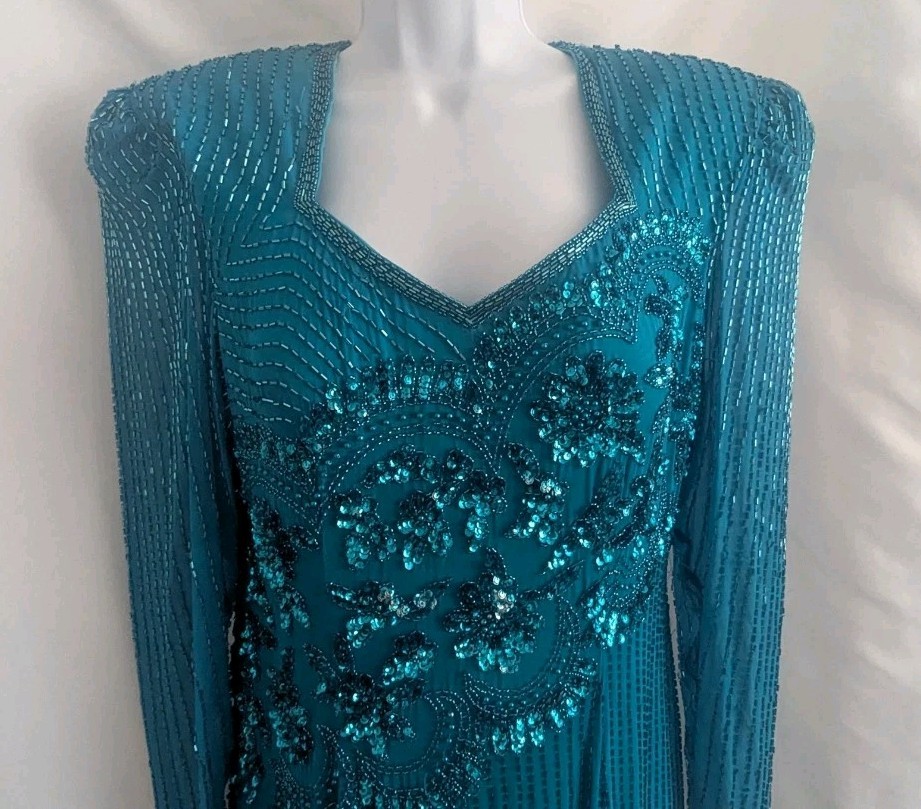JASDEE New York Vintage Dress Hand Work Bead & Sequins Turquoise 100% Silk Sz L