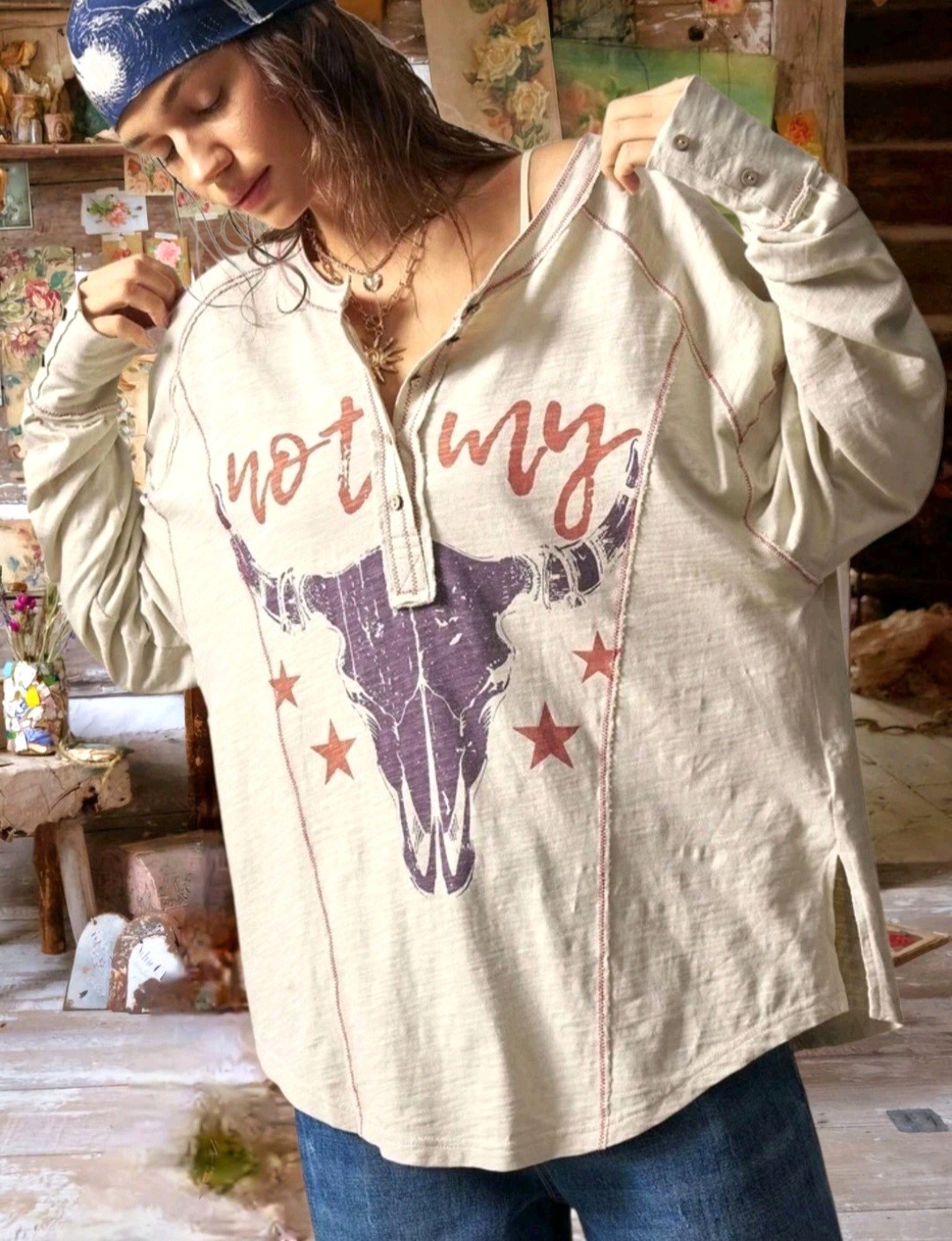 Magnolia Style Light Beige Vintage Distressed hippie boho Tunic shirt top S